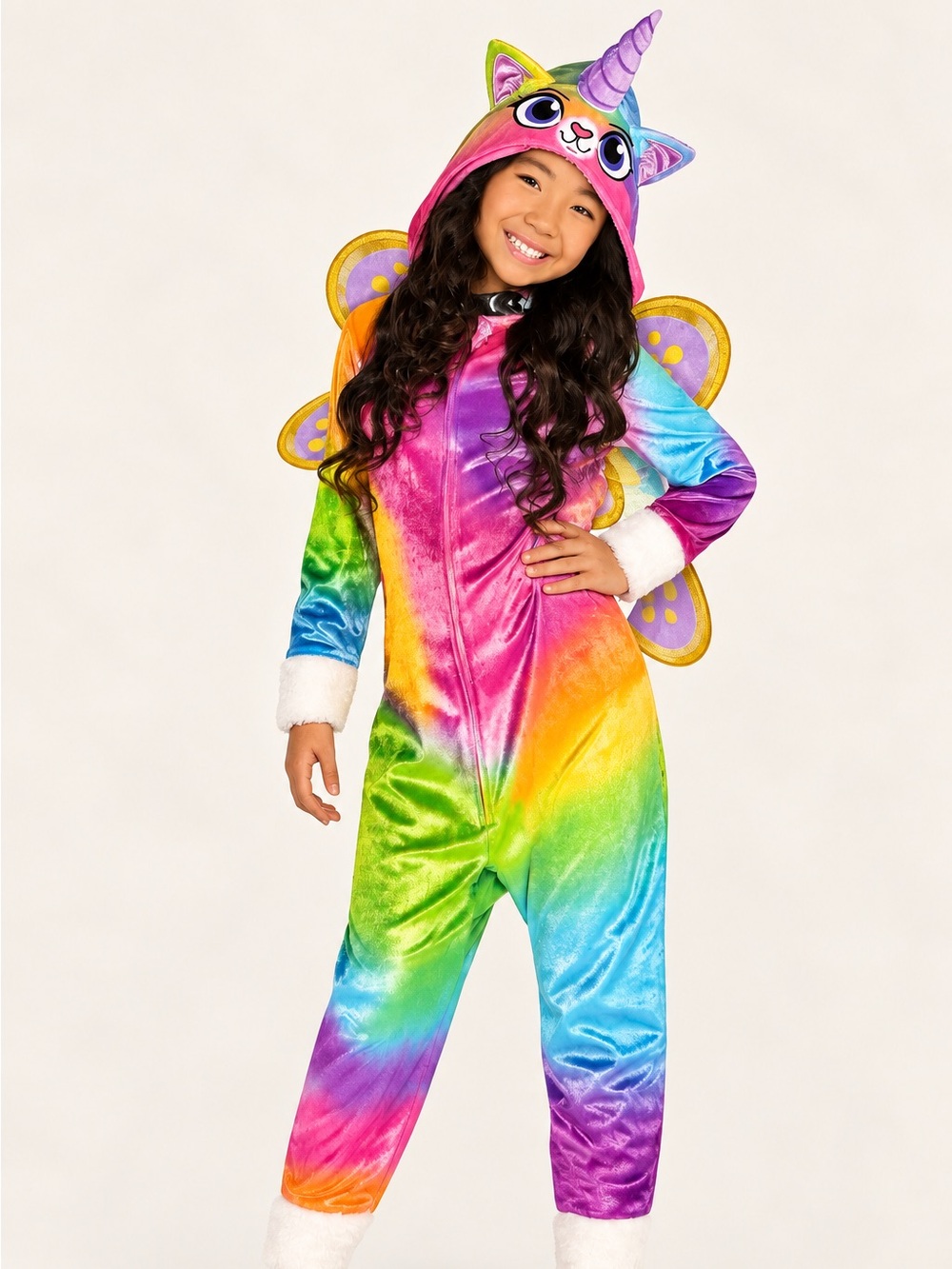 Youth Girls Rainbow Butterfly Unicorn Kitty Costume Onesie - Kids Halloween
